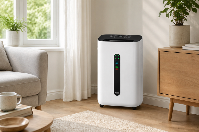 Nyxi 20L Dehumidifier in a bright modern UK living room