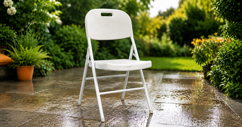 Nyxi all-white waterproof folding chair with built-in drain on a garden patio after rain