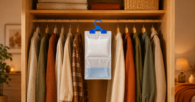 Nyxi hanging wardrobe dehumidifier bag on a rail between clothes in an open wardrobe