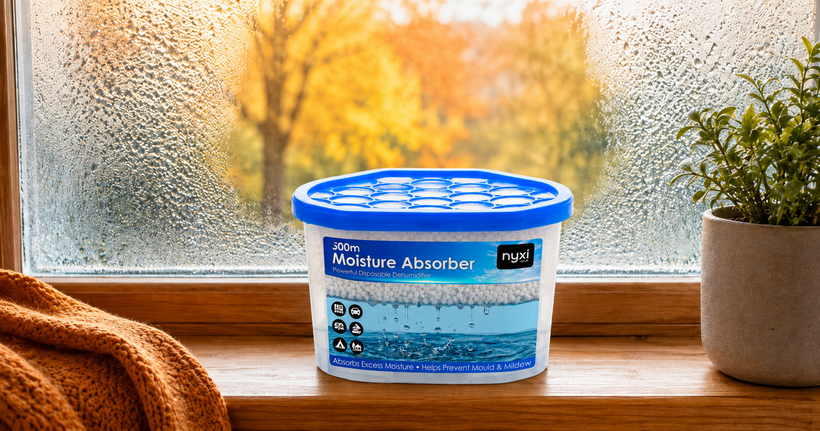 Nyxi 500ml interior dehumidifier tub on a bedroom windowsill clearing window condensation