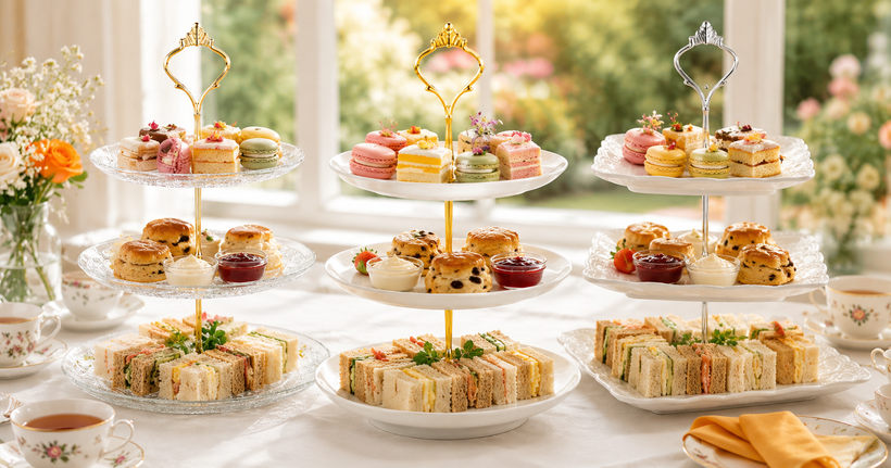 Nyxi 3 tier cake stands - glass, white ceramic and vintage floral - filled for afternoon tea with sandwiches, scones and cakes