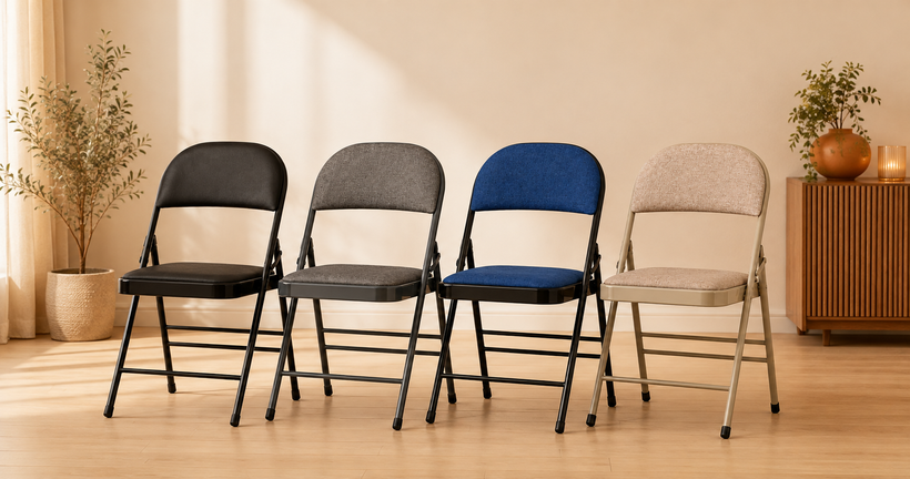 Nyxi Fabrico padded folding chairs in black, dark grey, navy blue and camel cream