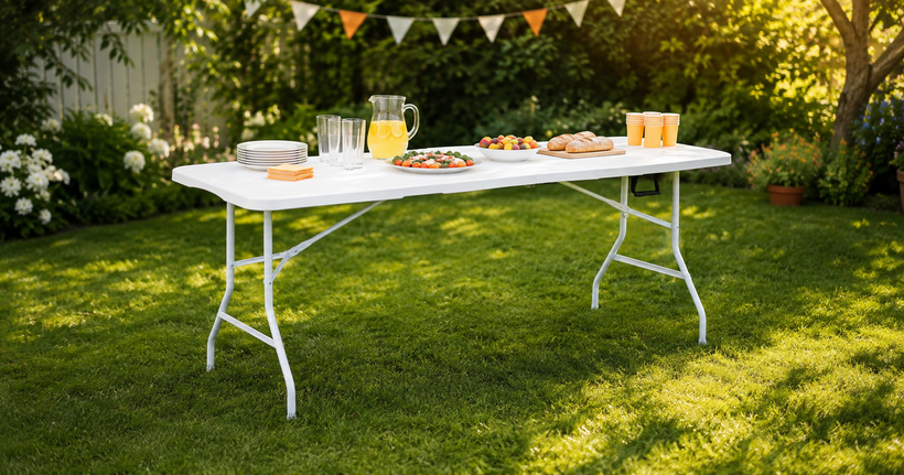 Nyxi 6ft white folding table set up for a summer garden party buffet
