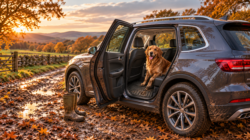 Nyxi heavy duty rubber car mat in a rear footwell with a muddy dog after a countryside walk