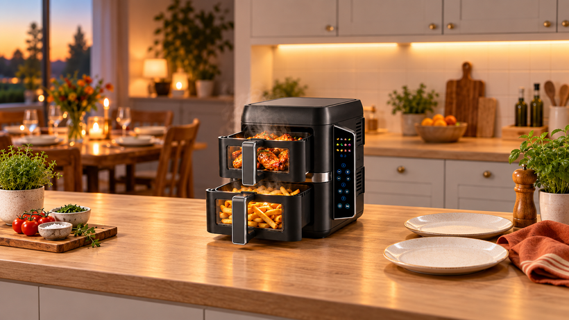 Nyxi 9L stacked two drawer air fryer in black with both drawers open, chips and chicken wings steaming, ready at the same time