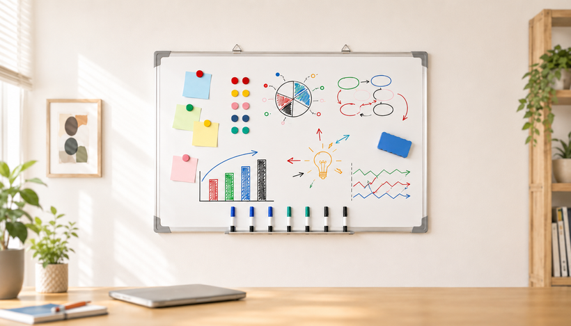 Nyxi magnetic whiteboard on a home office wall with markers, magnets and duster on the pen tray