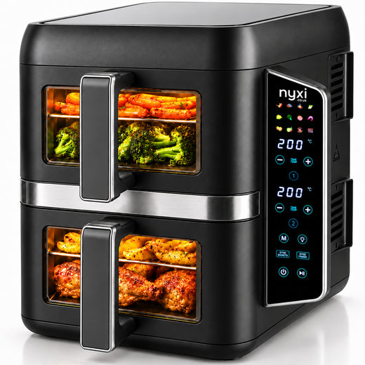 Nyxi 9L Stacked Dual Basket Air Fryer - 2 x 4.5L, 12 Modes, 2400W, Sync Finish - Black