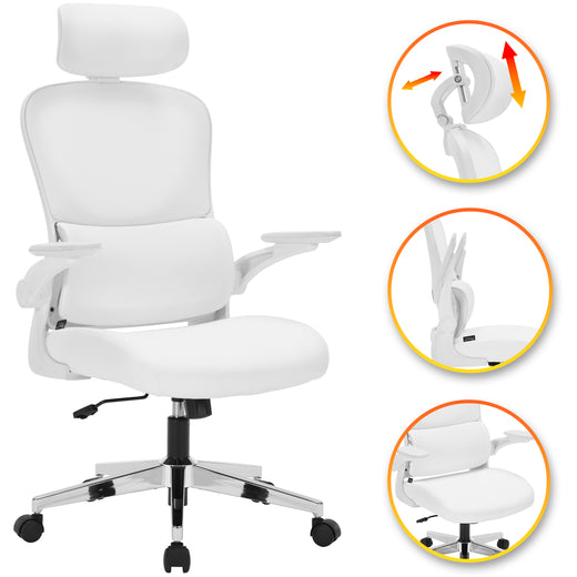 Nyxi Office Chair Ergonomic Computer Desk, Work & Study Chair, High Mesh Back, Foldable 3D Armrests (White, Model 782)