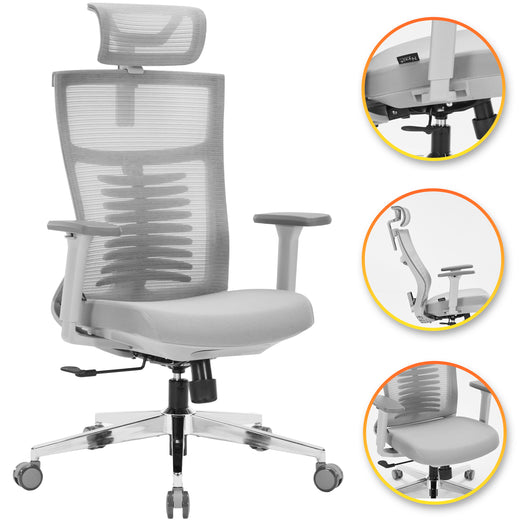 Nyxi Office Chair Premium Ergonomic Foam Seat, 3D Armrests, Headrest & Lumbar Support, 3-Angle Locking (Grey)