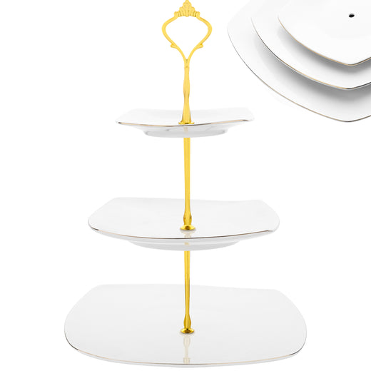 Nyxi 3 Tier Cake Stand White Ceramic Square Plates - Gold Crown Fittings