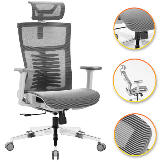 Nyxi Office Chair Premium Ergonomic Mesh Seat, 3D Armrests, Headrest & Lumbar Support, 3-Angle Locking (Grey)