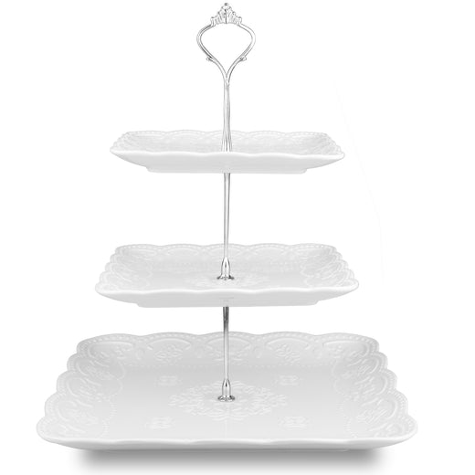 Nyxi Square Ceramic 3 Tier Cake Stand Silver Fittings