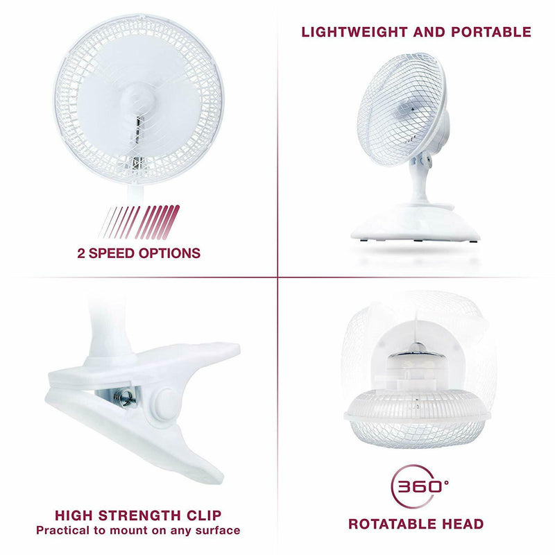 6 Fan Clip On or Desk Fan (2 IN 1) Tilting Head, 2 Speed Setting, Portable
