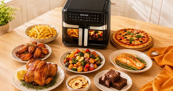Variety of dishes cooked in a Nyxi air fryer - roast chicken, chips, pizza, vegetables and brownies