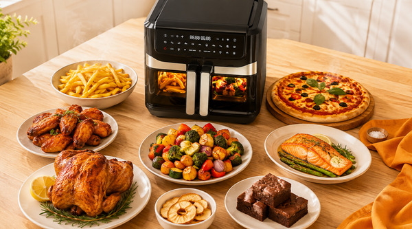 Variety of dishes cooked in a Nyxi air fryer - roast chicken, chips, pizza, vegetables and brownies