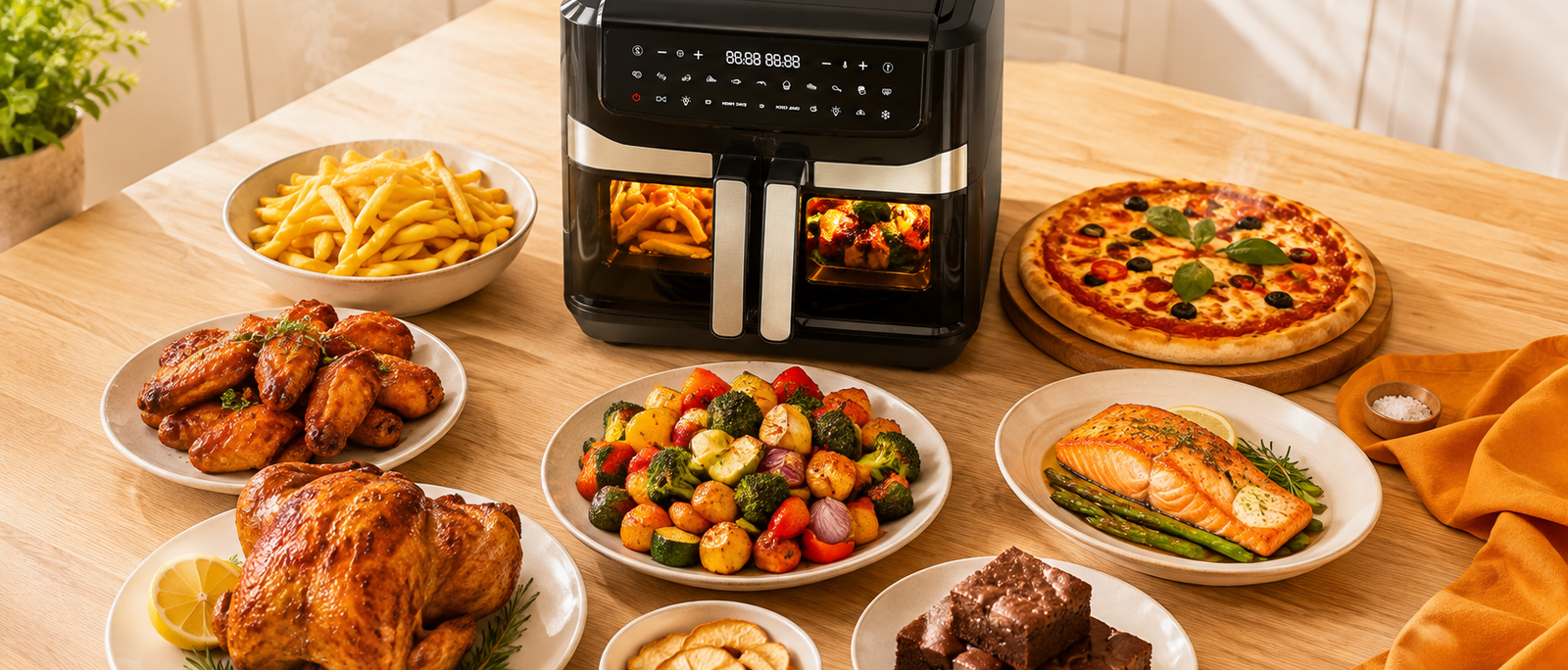 Variety of dishes cooked in a Nyxi air fryer - roast chicken, chips, pizza, vegetables and brownies