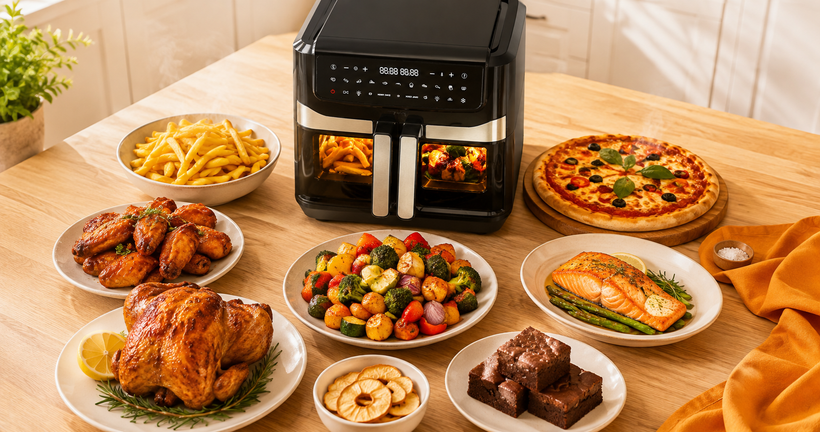 Variety of dishes cooked in a Nyxi air fryer - roast chicken, chips, pizza, vegetables and brownies