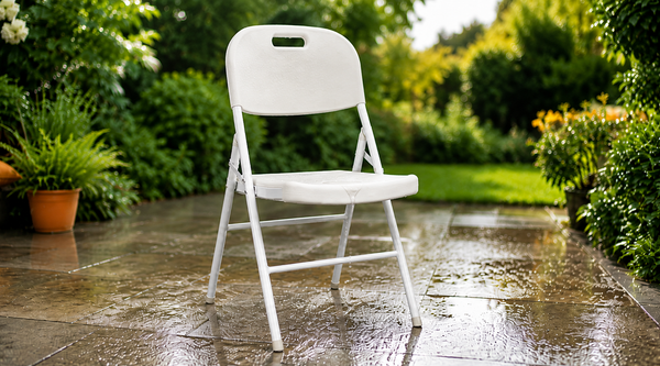 Nyxi all-white waterproof folding chair with built-in drain on a garden patio after rain