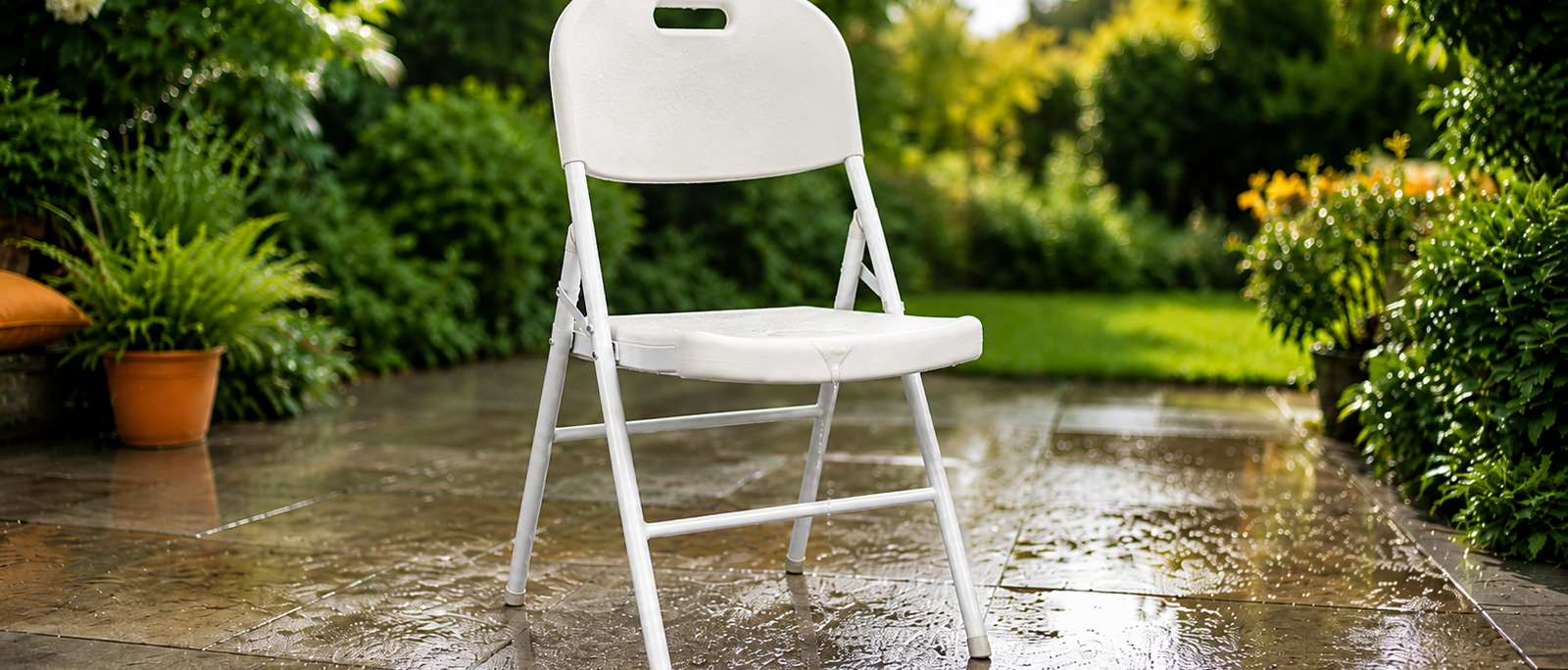 Nyxi all-white waterproof folding chair with built-in drain on a garden patio after rain