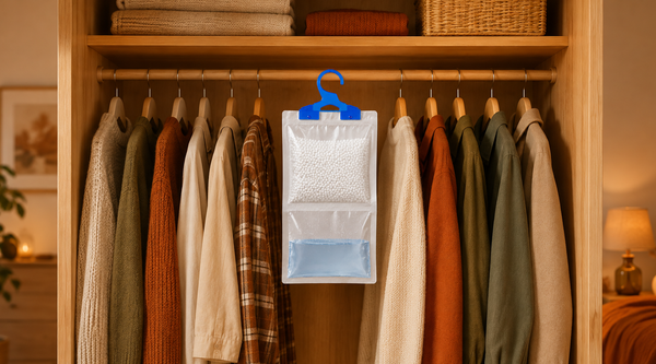 Nyxi hanging wardrobe dehumidifier bag on a rail between clothes in an open wardrobe