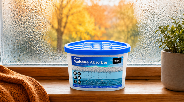 Nyxi 500ml interior dehumidifier tub on a bedroom windowsill clearing window condensation