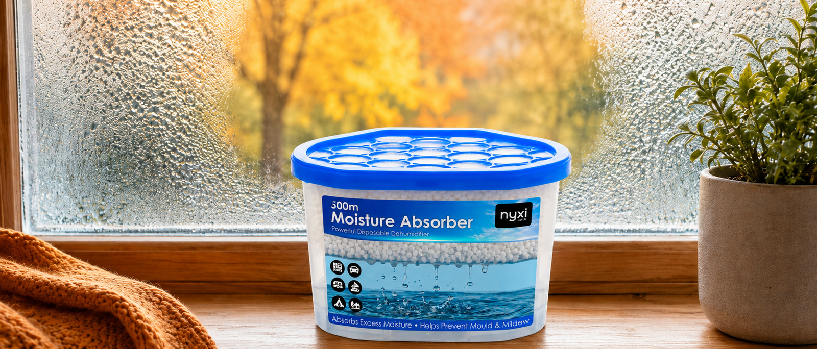 Nyxi 500ml interior dehumidifier tub on a bedroom windowsill clearing window condensation