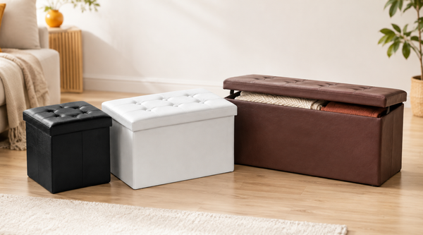 Nyxi ottoman storage boxes in three sizes - cube, large and long blanket box with lid open showing blankets