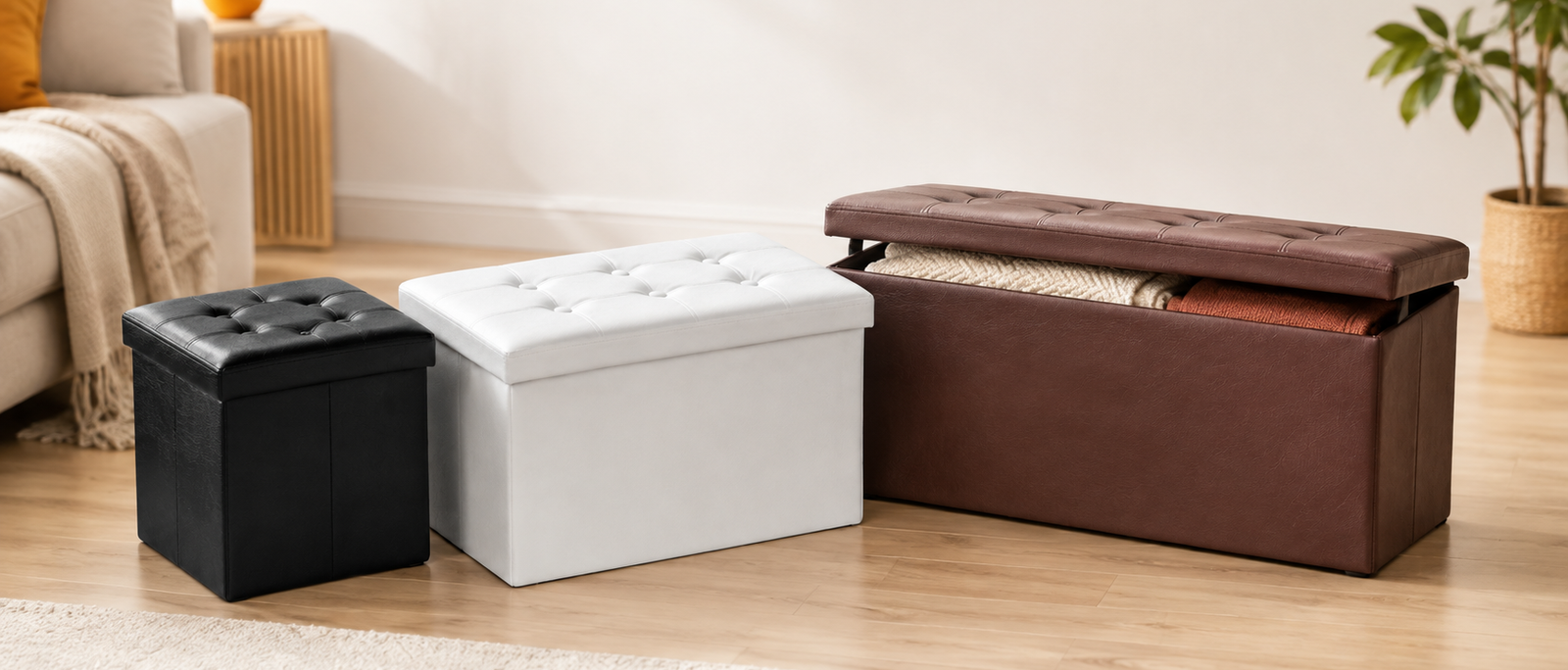 Nyxi ottoman storage boxes in three sizes - cube, large and long blanket box with lid open showing blankets