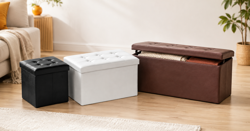 Nyxi ottoman storage boxes in three sizes - cube, large and long blanket box with lid open showing blankets