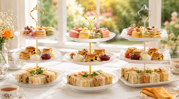 Nyxi 3 tier cake stands - glass, white ceramic and vintage floral - filled for afternoon tea with sandwiches, scones and cakes
