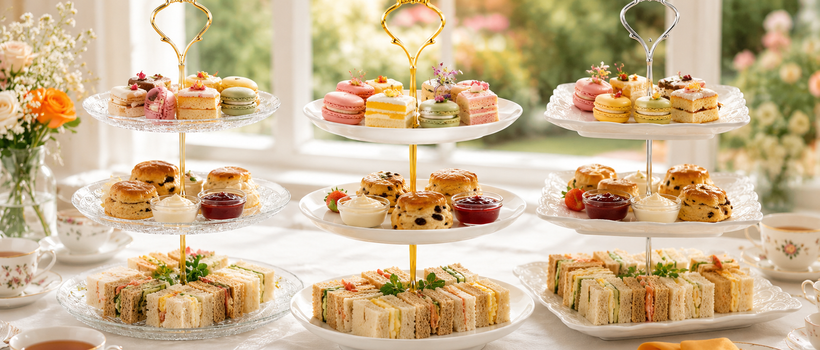 Nyxi 3 tier cake stands - glass, white ceramic and vintage floral - filled for afternoon tea with sandwiches, scones and cakes