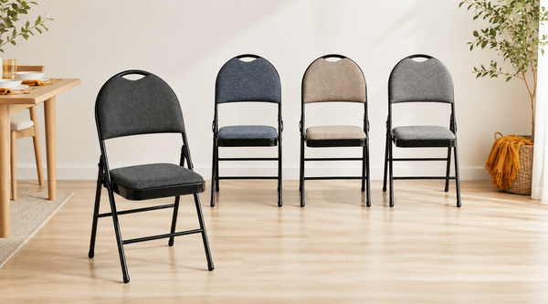 Nyxi premium padded folding chairs in black woven, blue, cream and grey fabric