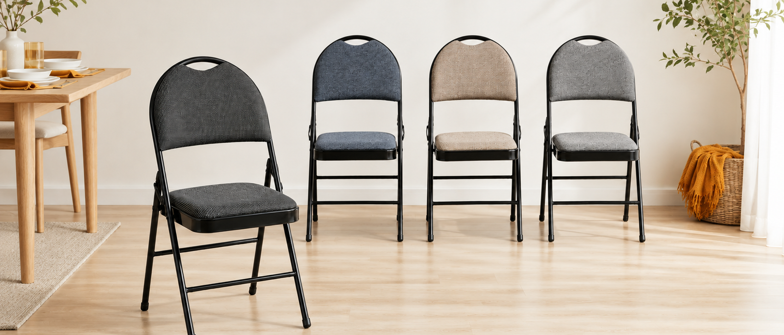 Nyxi premium padded folding chairs in black woven, blue, cream and grey fabric