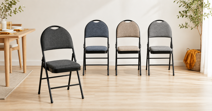 Nyxi premium padded folding chairs in black woven, blue, cream and grey fabric