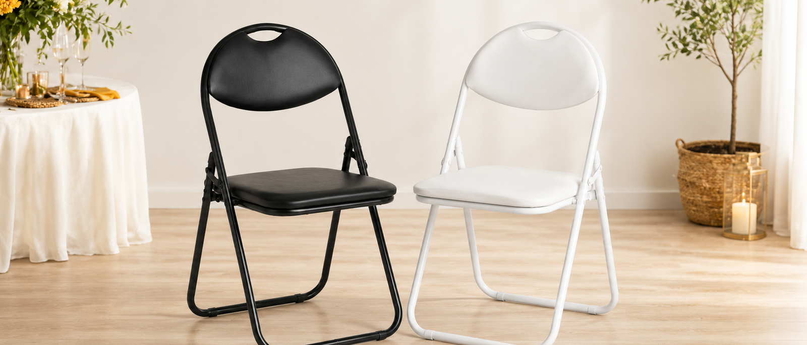 Nyxi faux leather padded folding chairs in black and white