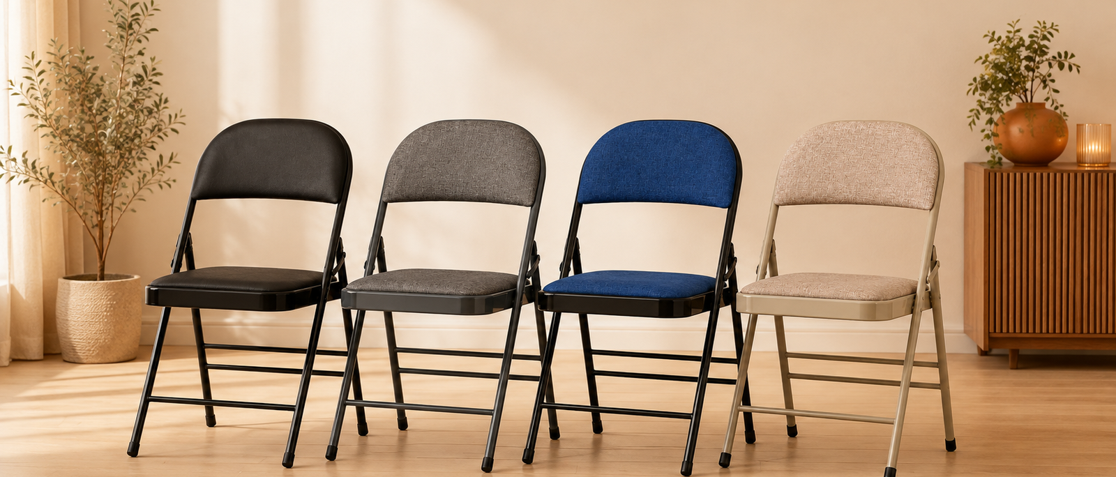 Nyxi Fabrico padded folding chairs in black, dark grey, navy blue and camel cream