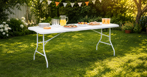 Nyxi 6ft white folding table set up for a summer garden party buffet