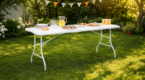 Nyxi 6ft white folding table set up for a summer garden party buffet