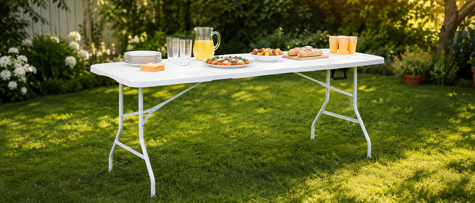 Nyxi 6ft white folding table set up for a summer garden party buffet