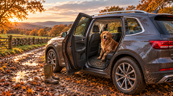 Nyxi heavy duty rubber car mat in a rear footwell with a muddy dog after a countryside walk