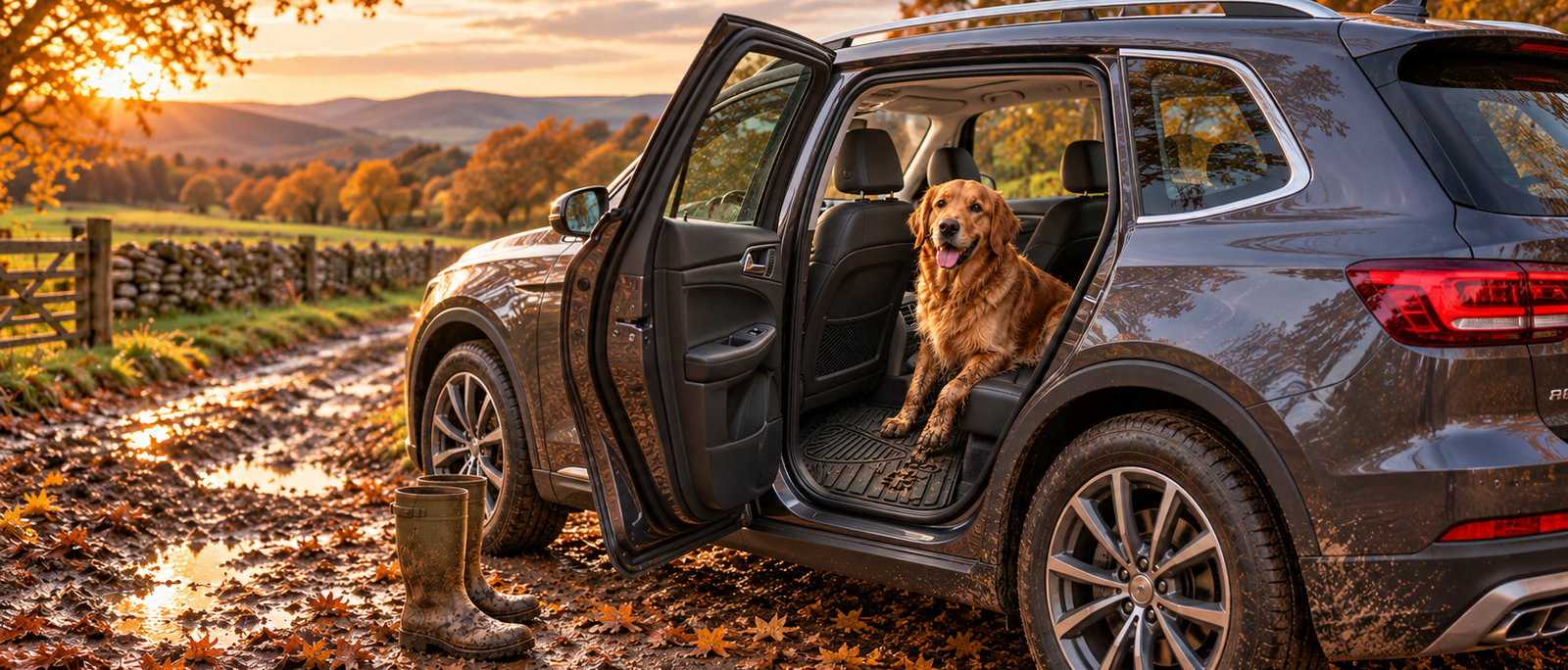 Nyxi heavy duty rubber car mat in a rear footwell with a muddy dog after a countryside walk