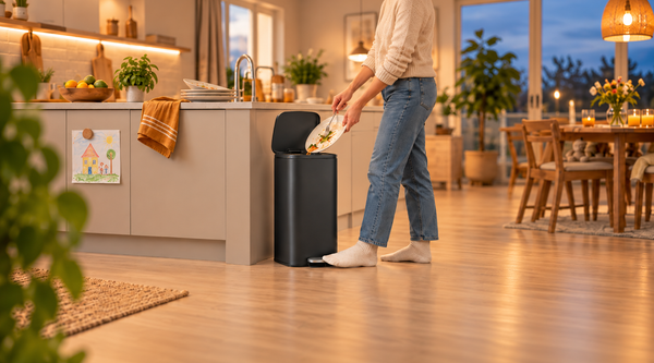 Nyxi 50L stainless steel pedal bin in a family kitchen with foot pressing the pedal while scraping plates after dinner