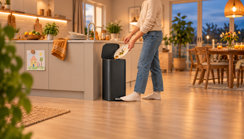 Nyxi 50L stainless steel pedal bin in a family kitchen with foot pressing the pedal while scraping plates after dinner