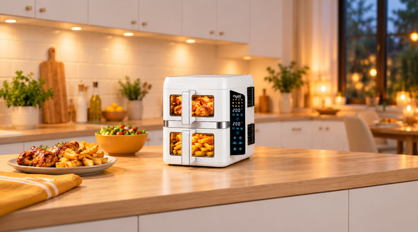 Nyxi 9L stacked dual basket air fryer in white on a kitchen worktop with food glowing through both drawer windows