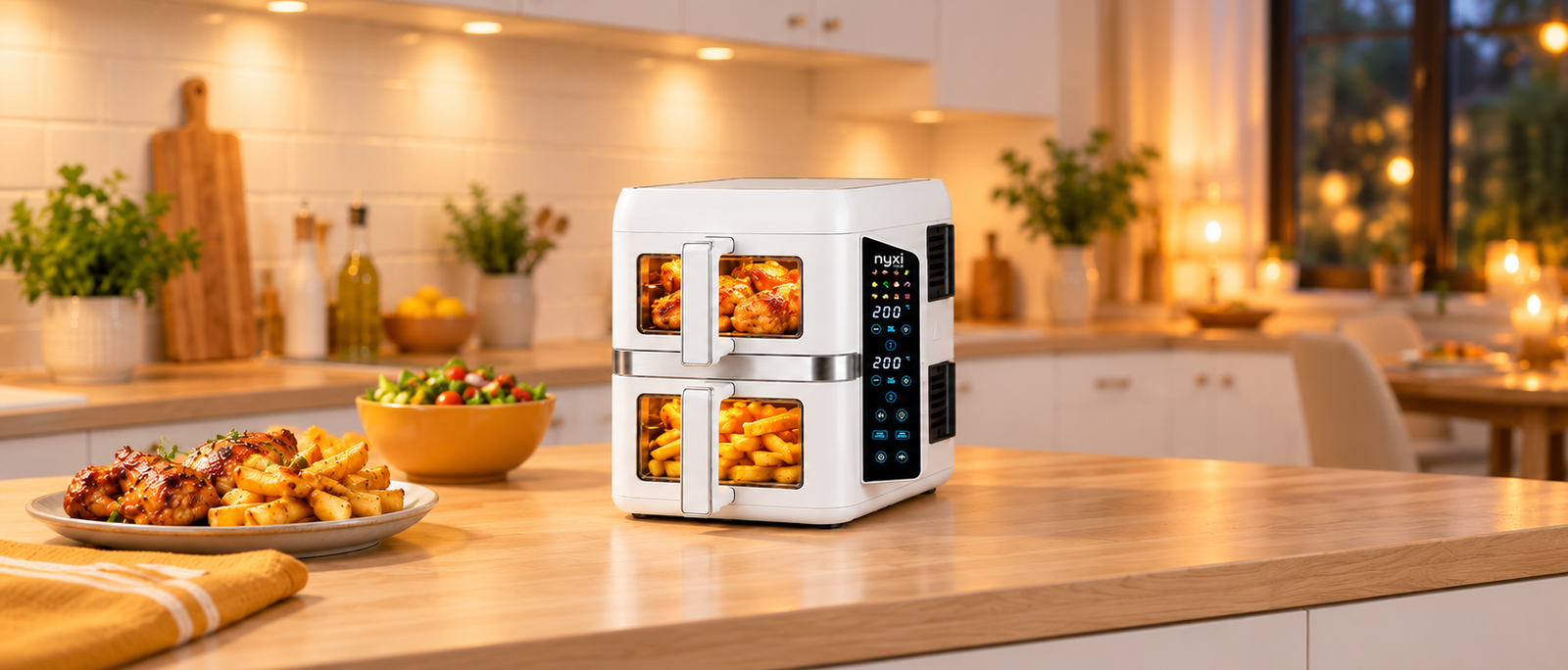 Nyxi 9L stacked dual basket air fryer in white on a kitchen worktop with food glowing through both drawer windows