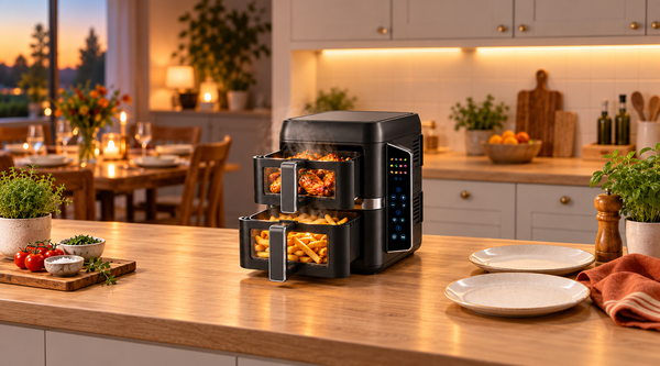 Nyxi 9L stacked two drawer air fryer in black with both drawers open, chips and chicken wings steaming, ready at the same time