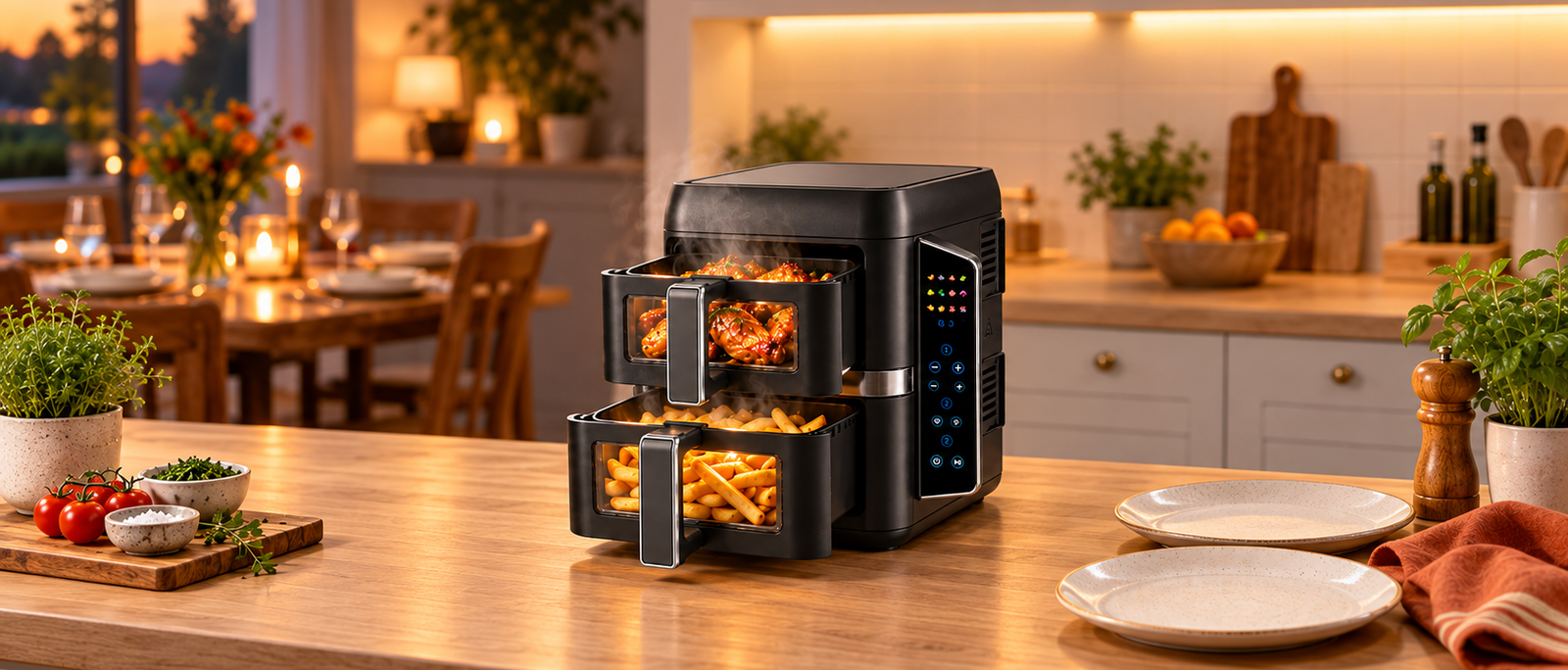 Nyxi 9L stacked two drawer air fryer in black with both drawers open, chips and chicken wings steaming, ready at the same time