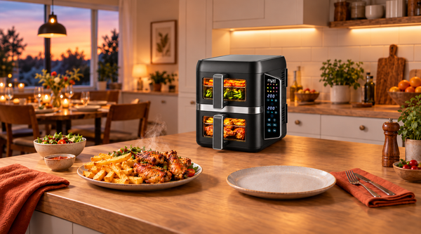 Nyxi 9L stacked two drawer air fryer in black on a family kitchen worktop with a plate of chips and chicken wings ready at dinnertime