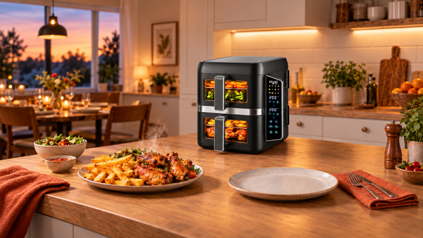 Nyxi 9L stacked two drawer air fryer in black on a family kitchen worktop with a plate of chips and chicken wings ready at dinnertime
