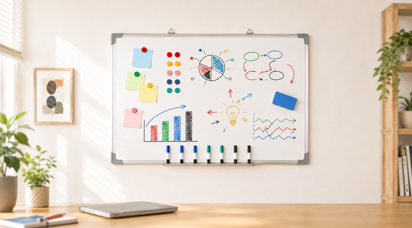 Nyxi magnetic whiteboard on a home office wall with markers, magnets and duster on the pen tray